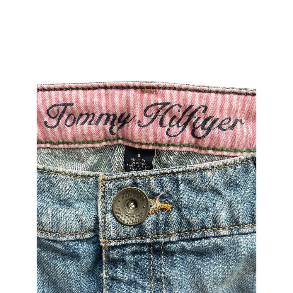 Vintage Tommy Hilfiger Denim Mini Skirt Light Wash Size 8 Striped Waistband - Picture 2 of 7